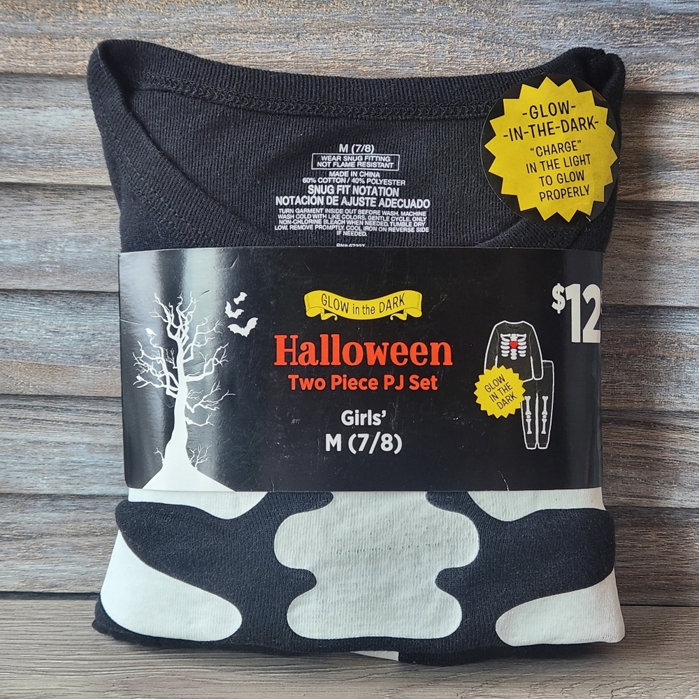 Girl's Halloween Glow In The Dark 2 Piece Pajama Long Sleeve Top & Pants M (7-8)